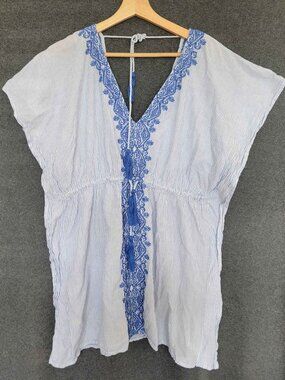 Lauren Ralph Lauren Tunic Beach Cover Up Nautical Stripe Blue Embroidered